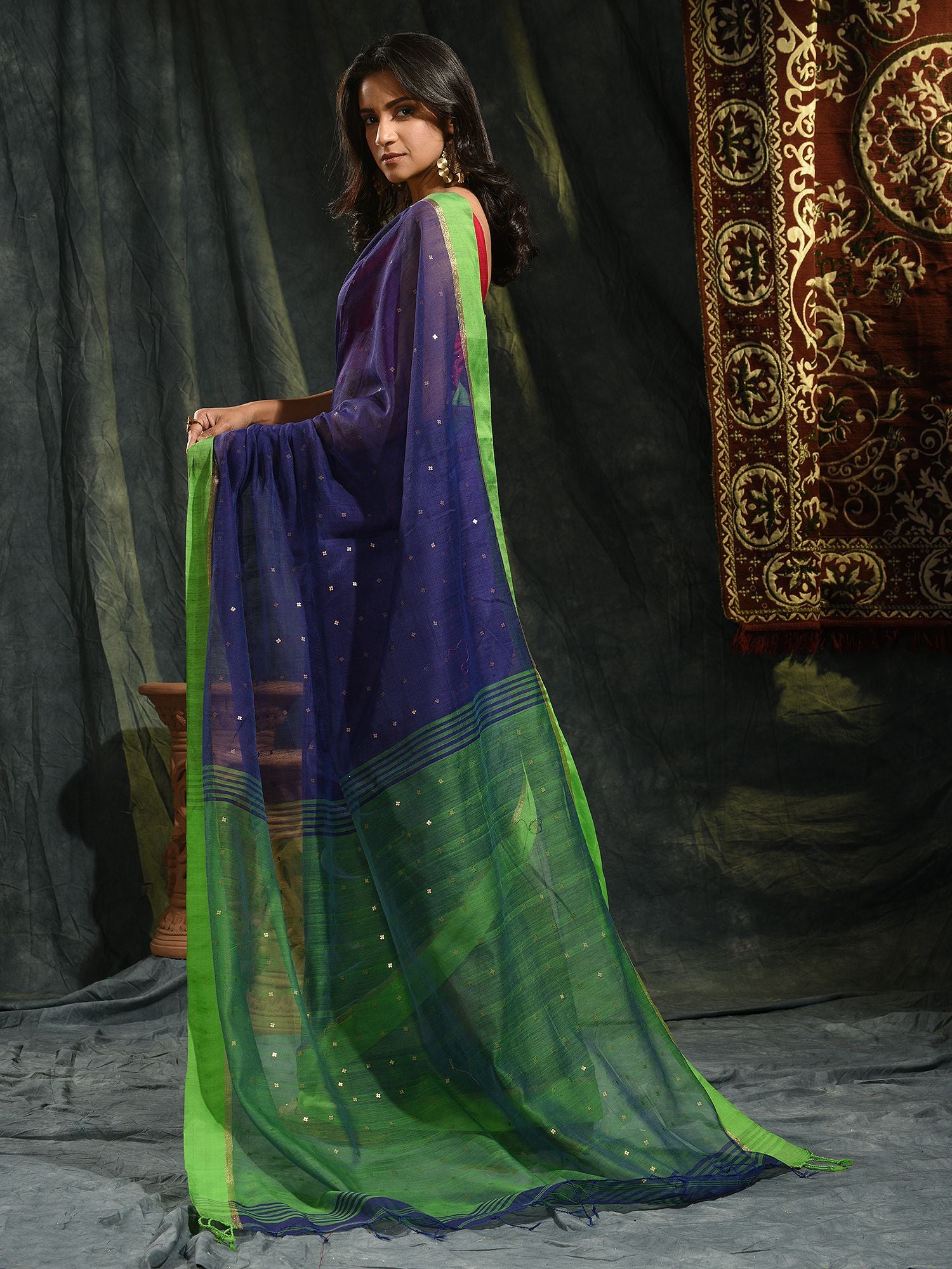 Lapis Blue Blended Cotton Saree With Green Pallu