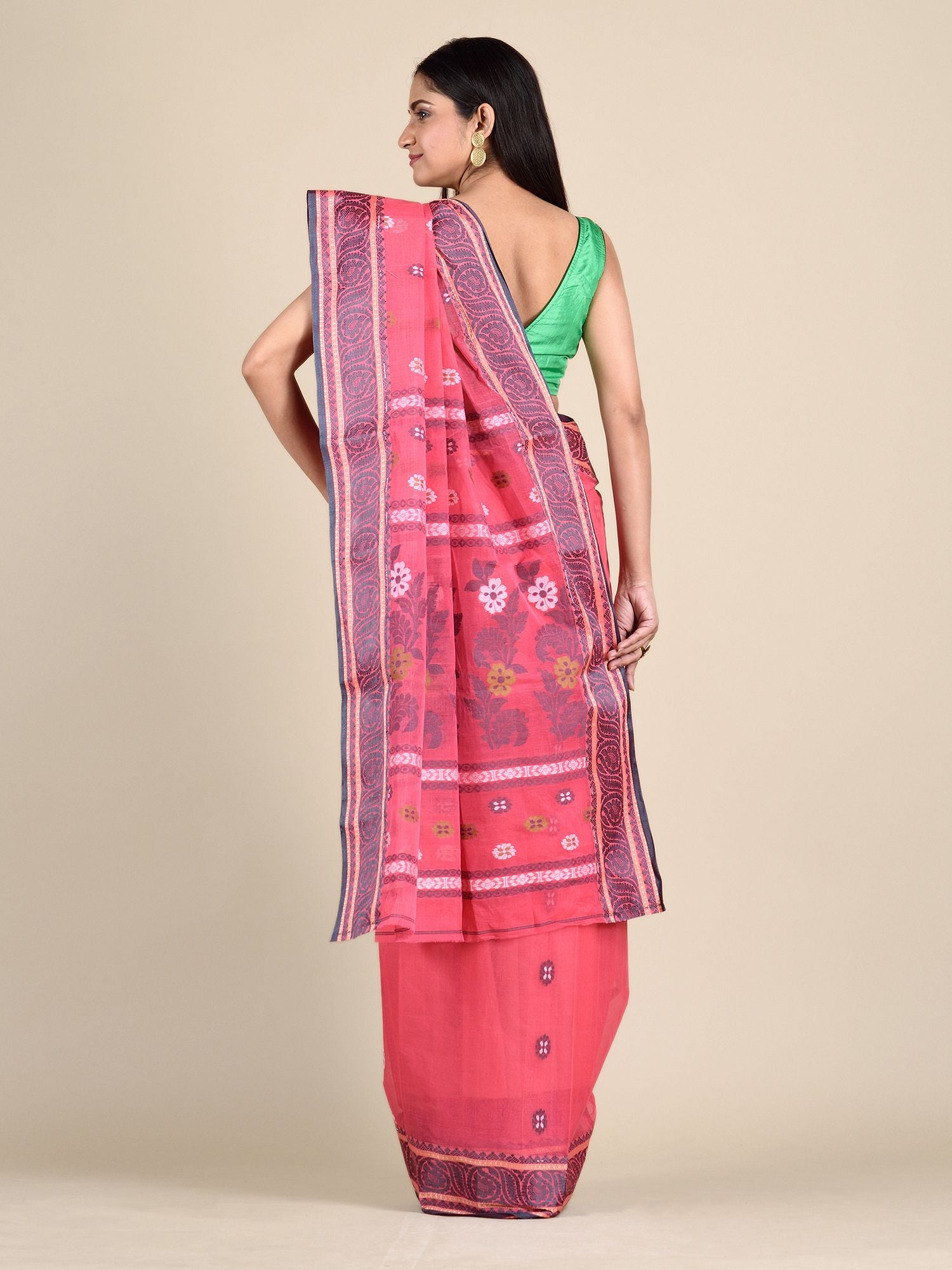 Punch Pink Cotton Saree With Paisley Borders