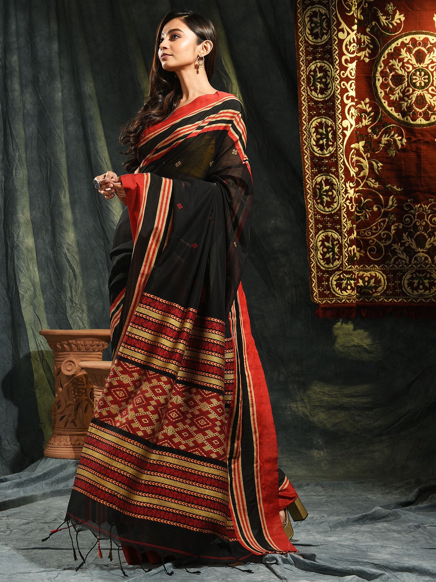 Black hand woven soft Cotton saree with Red border