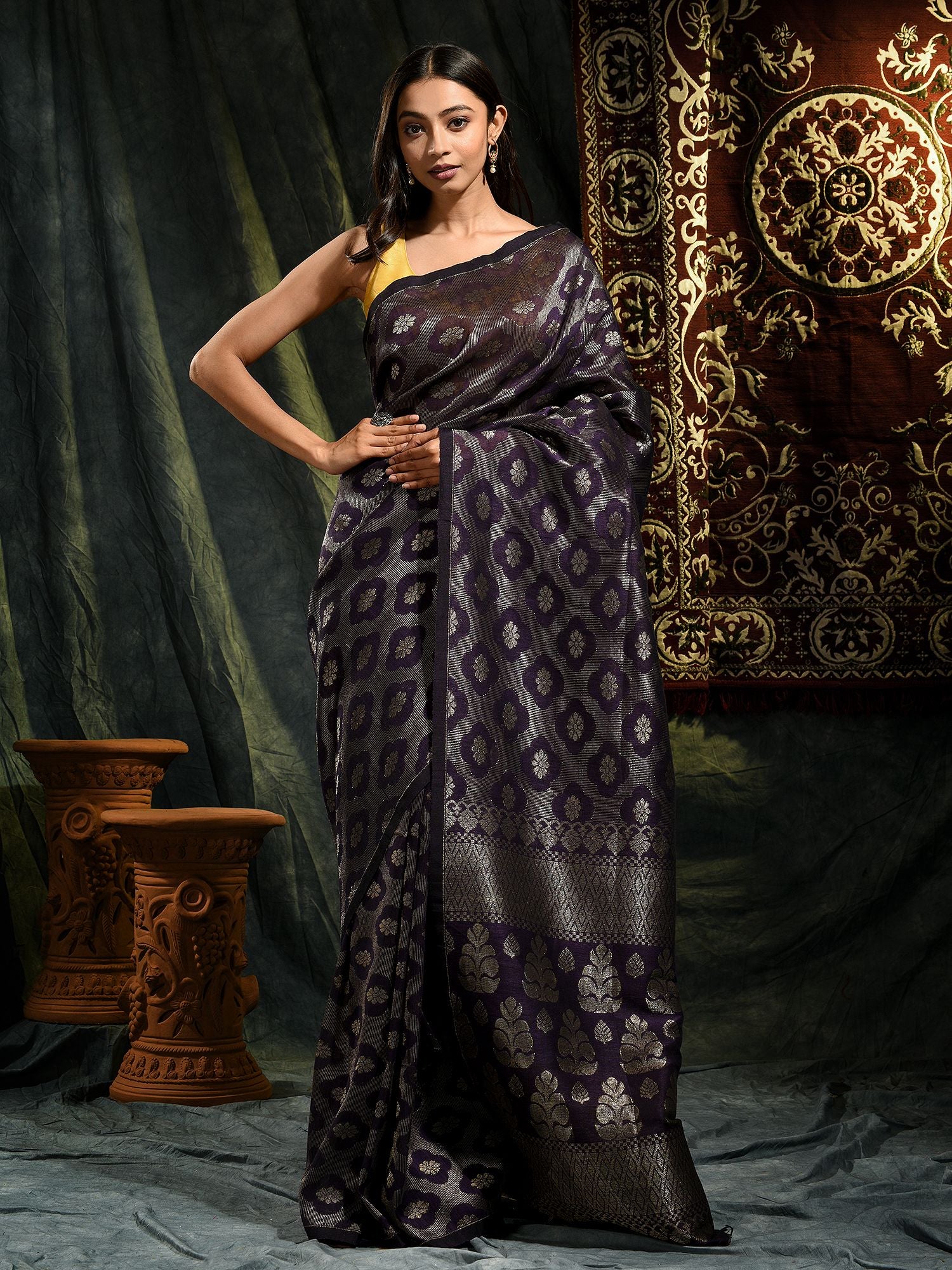Violet Organic Linen Hand Woven Saree with Floral Work All Over