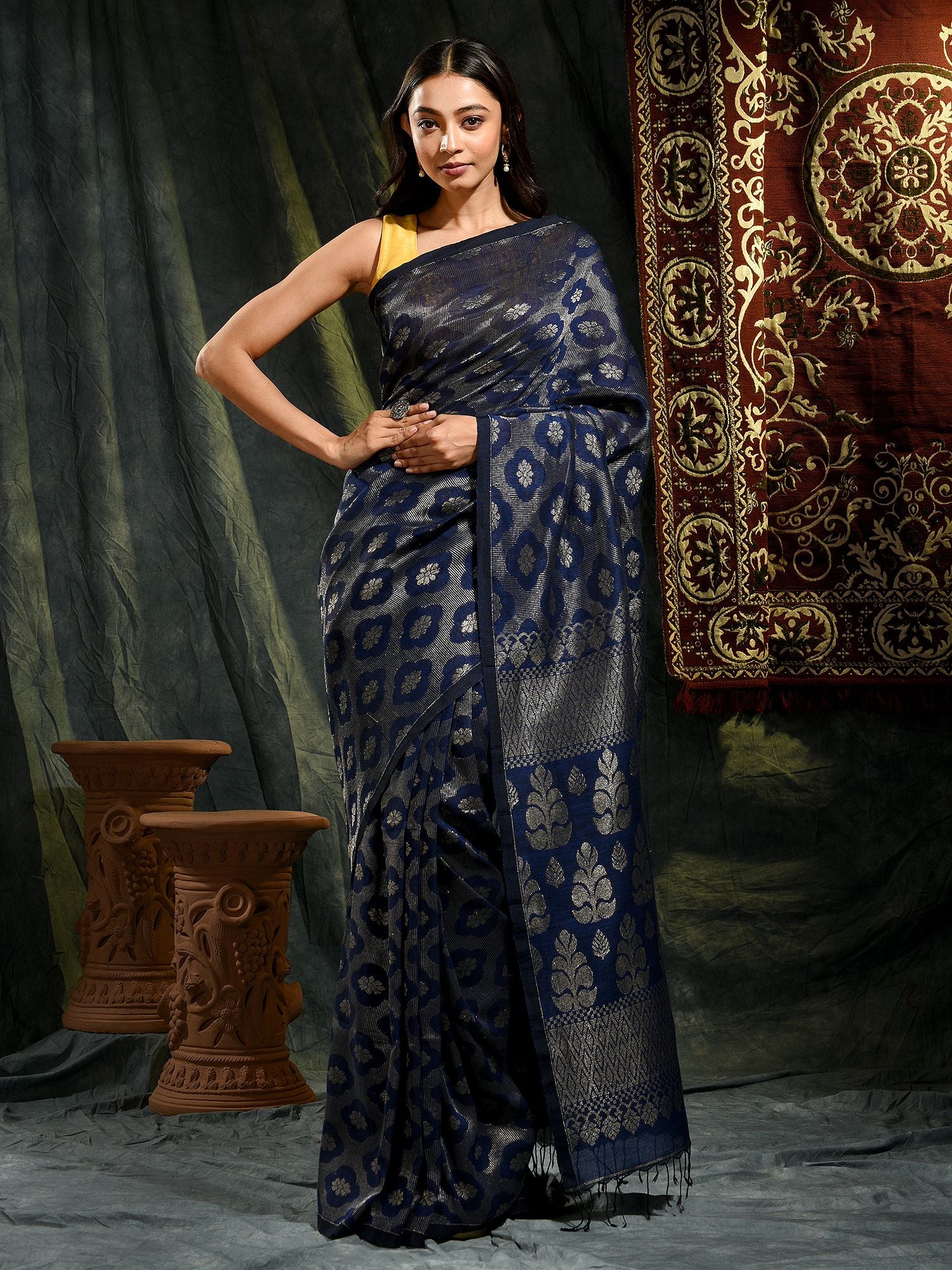 Violet Organic Linen Hand Woven Saree with Floral Work All Over
