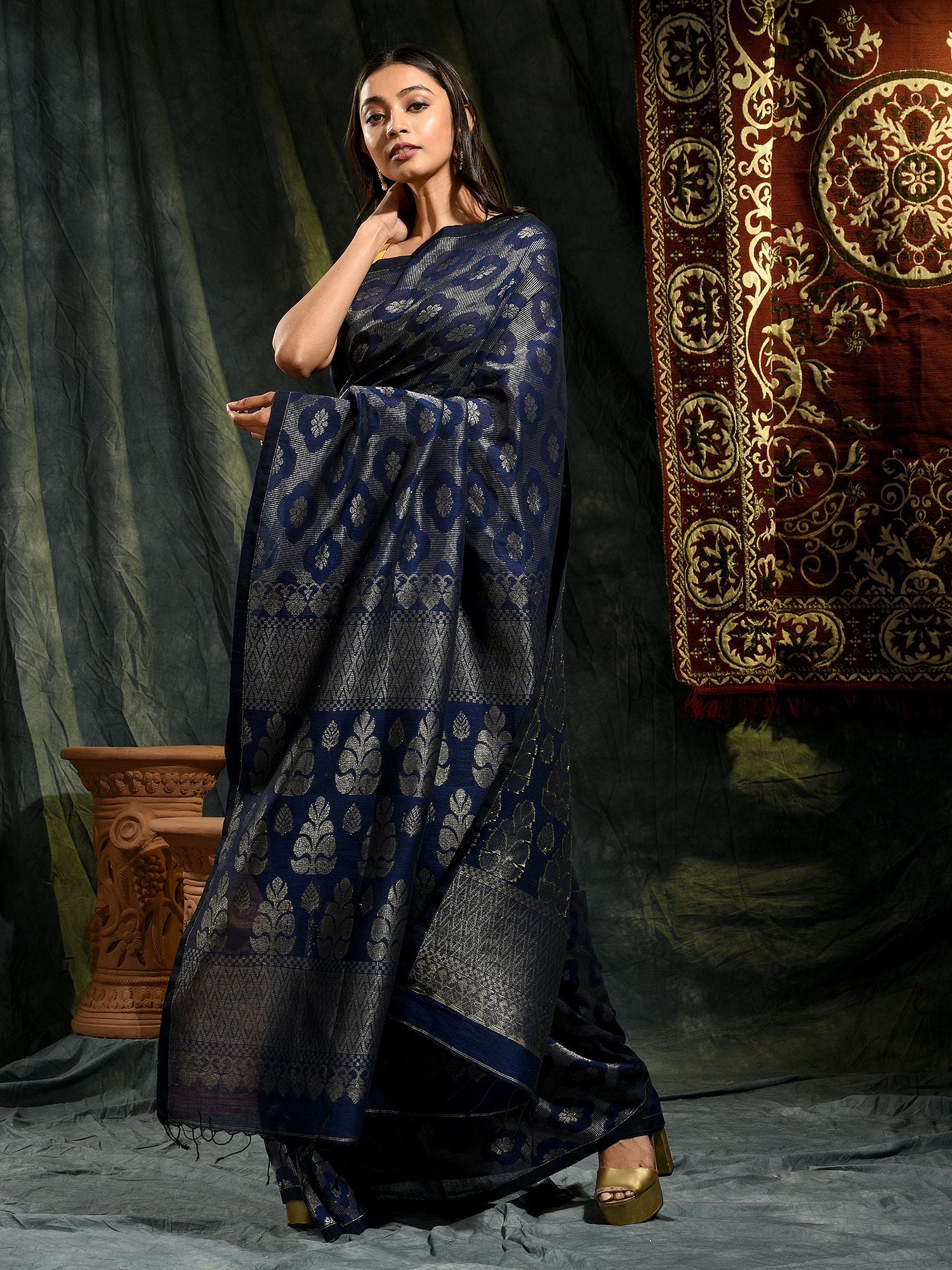Violet Organic Linen Hand Woven Saree with Floral Work All Over