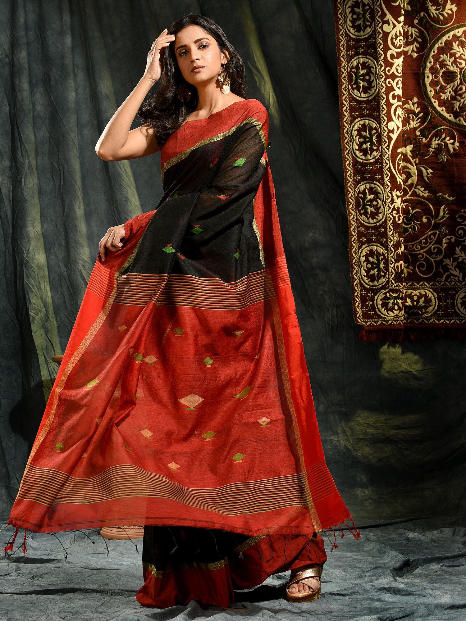 Black Blended Cotton hand woven saree with Red border