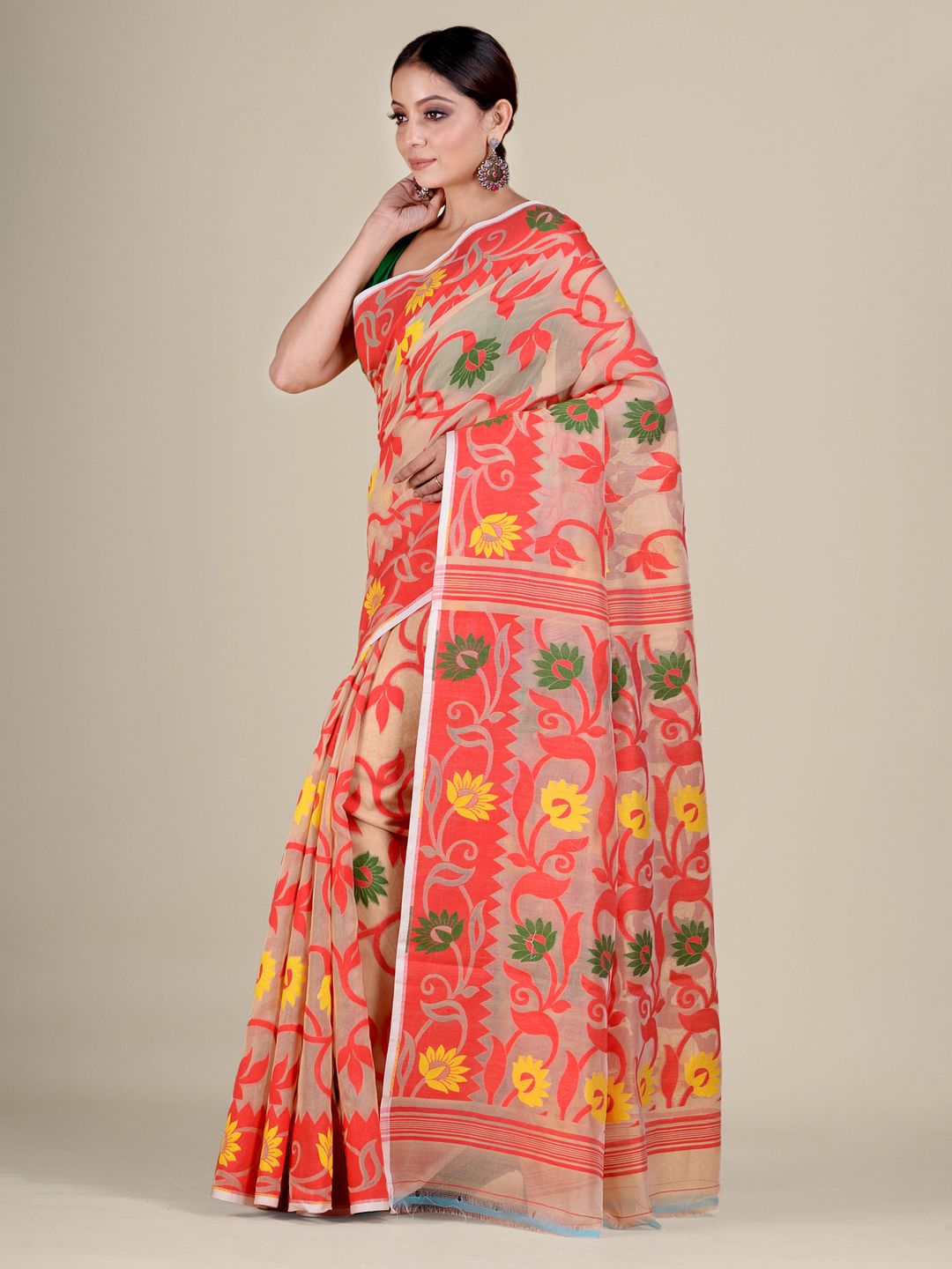 Beige and Red silk Cotton hand woven soft Jamdani saree