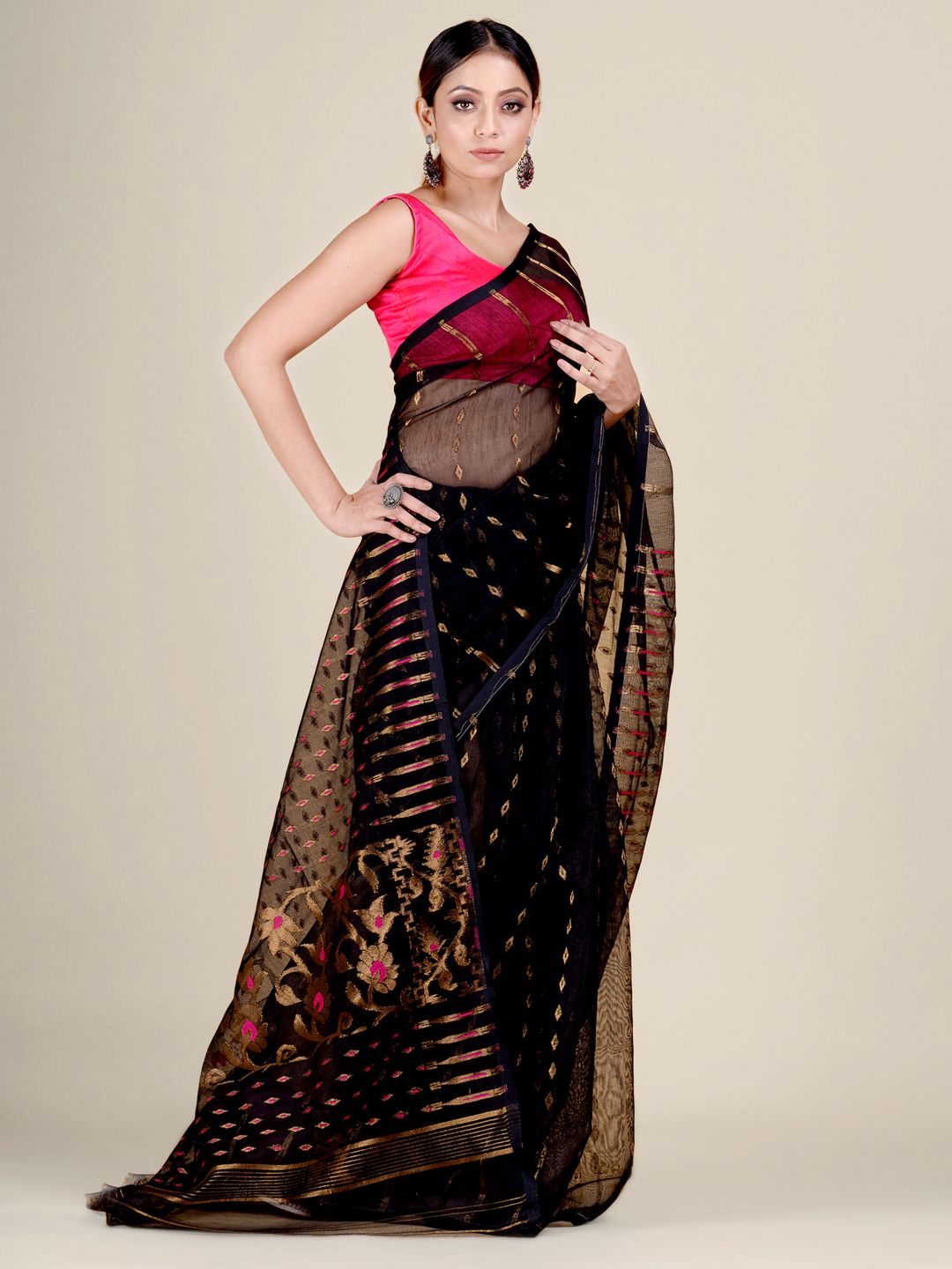 Black Silk Cotton handwoven soft Jamdani saree with zari work