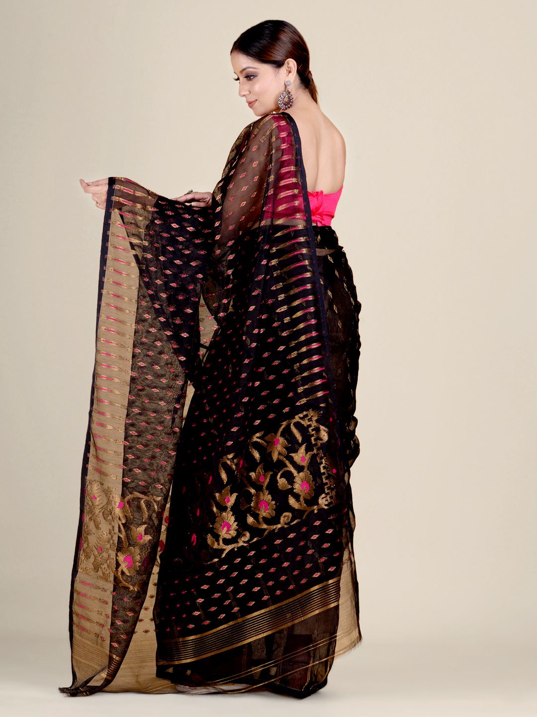 Black Silk Cotton handwoven soft Jamdani saree with zari work