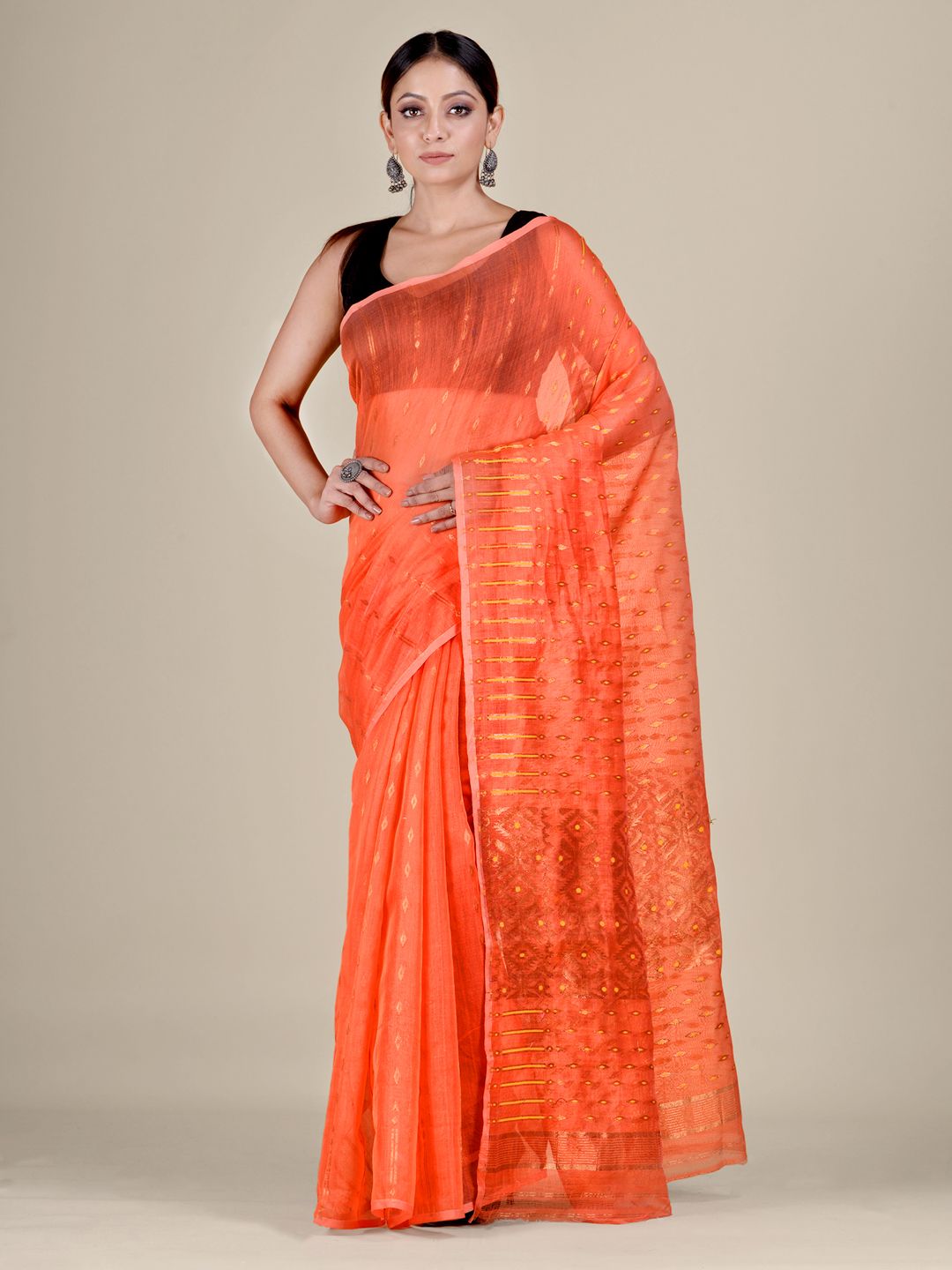 Orange Silk Cotton handwoven soft Jamdani saree with zari work