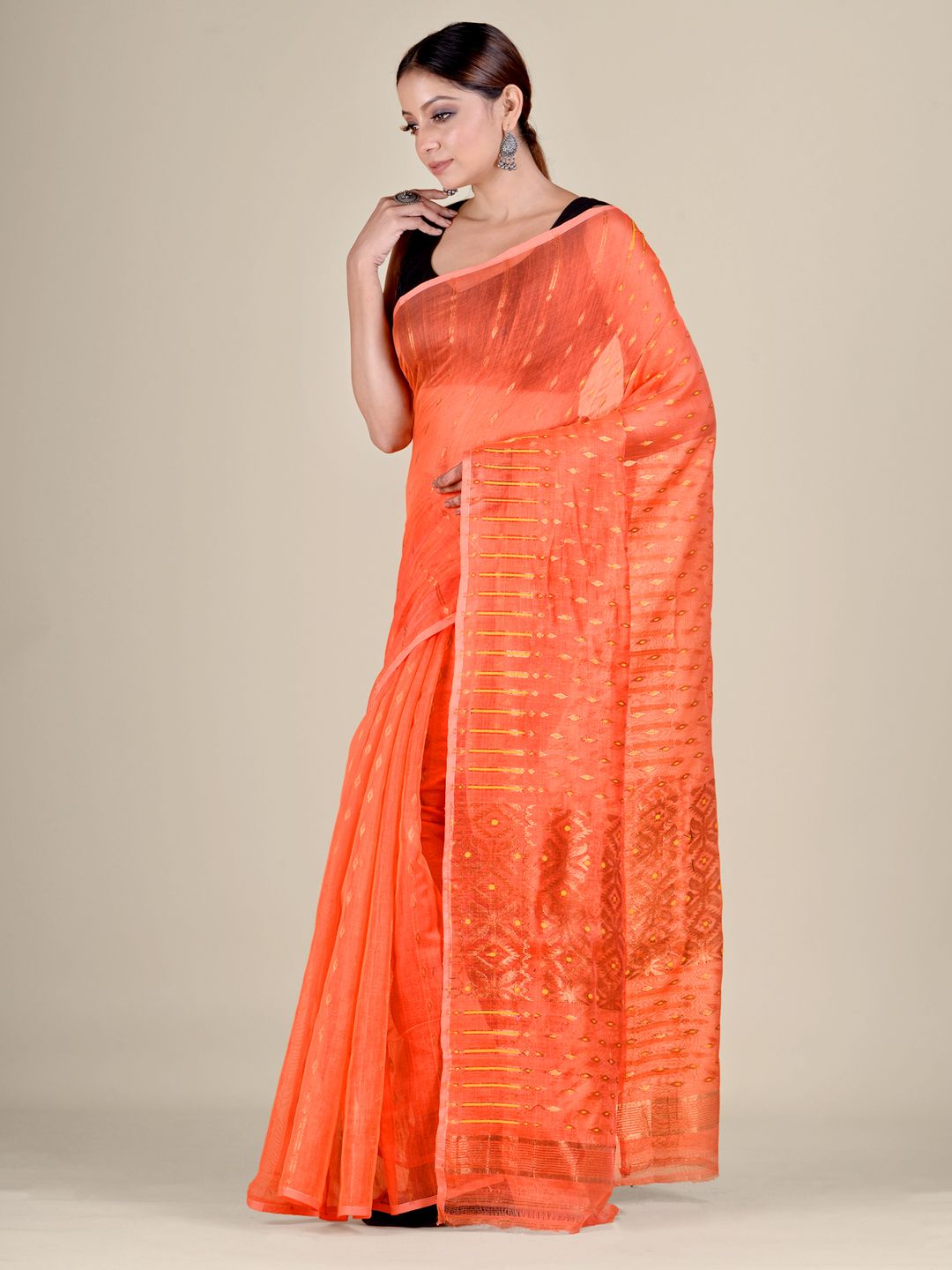 Orange Silk Cotton handwoven soft Jamdani saree with zari work
