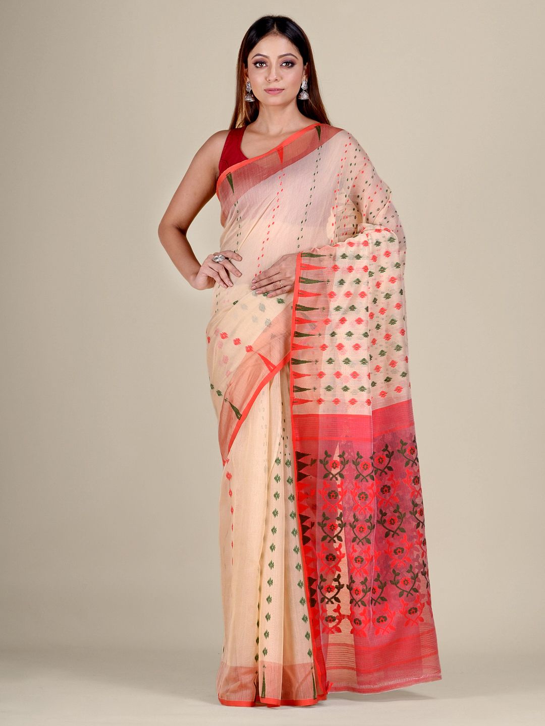 Beige & Red Silk Cotton Jamdani saree with zari work