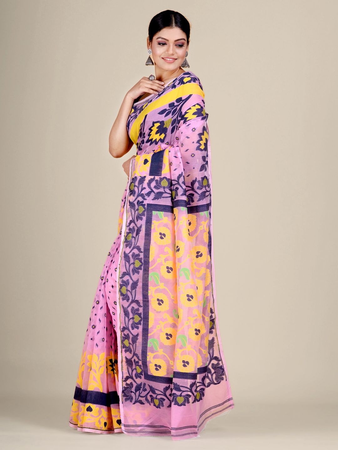 Pink and Multicolor Silk Cotton handwoven soft Jamdani saree