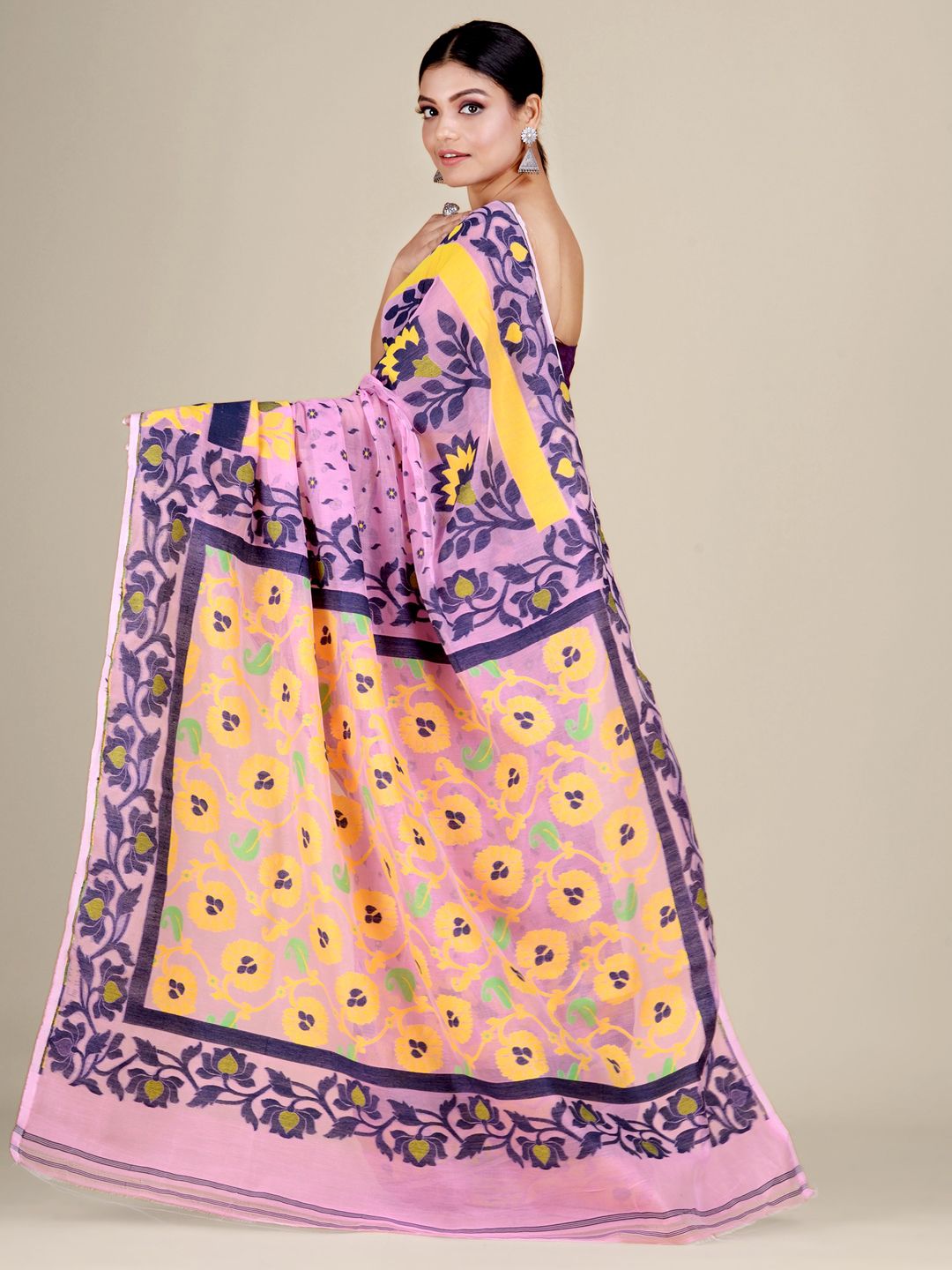 Pink and Multicolor Silk Cotton handwoven soft Jamdani saree