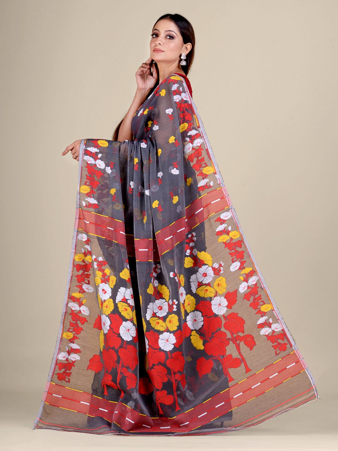 Grey and Red Silk Cotton handwoven soft Jamdani saree