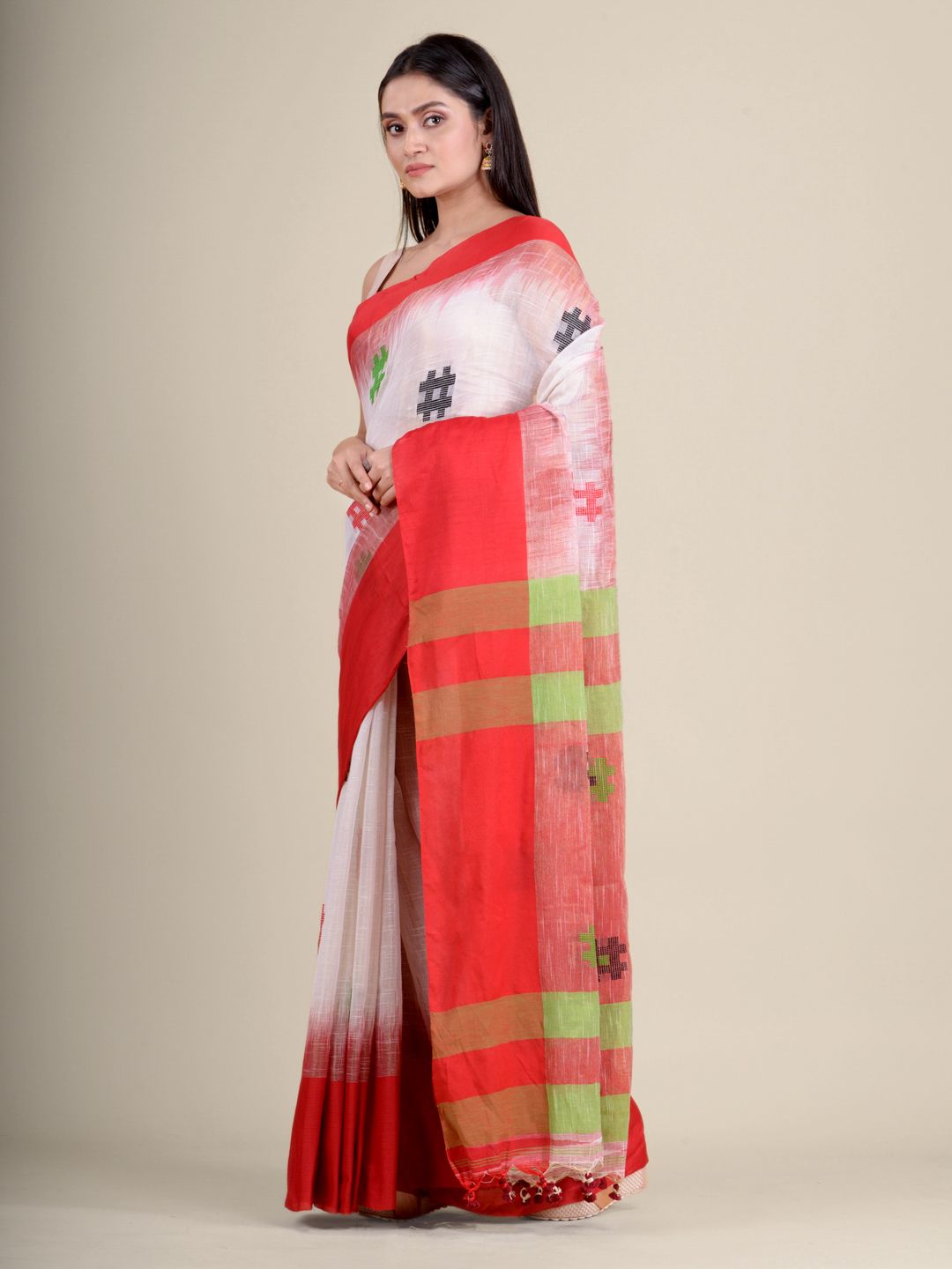 White handwoven soft cotton saree with Red border