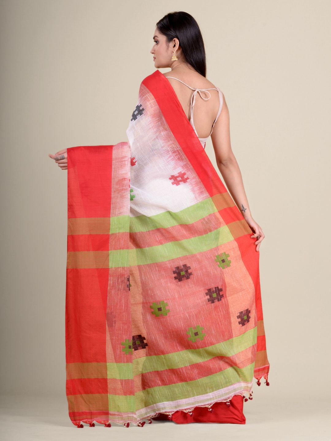 White handwoven soft cotton saree with Red border