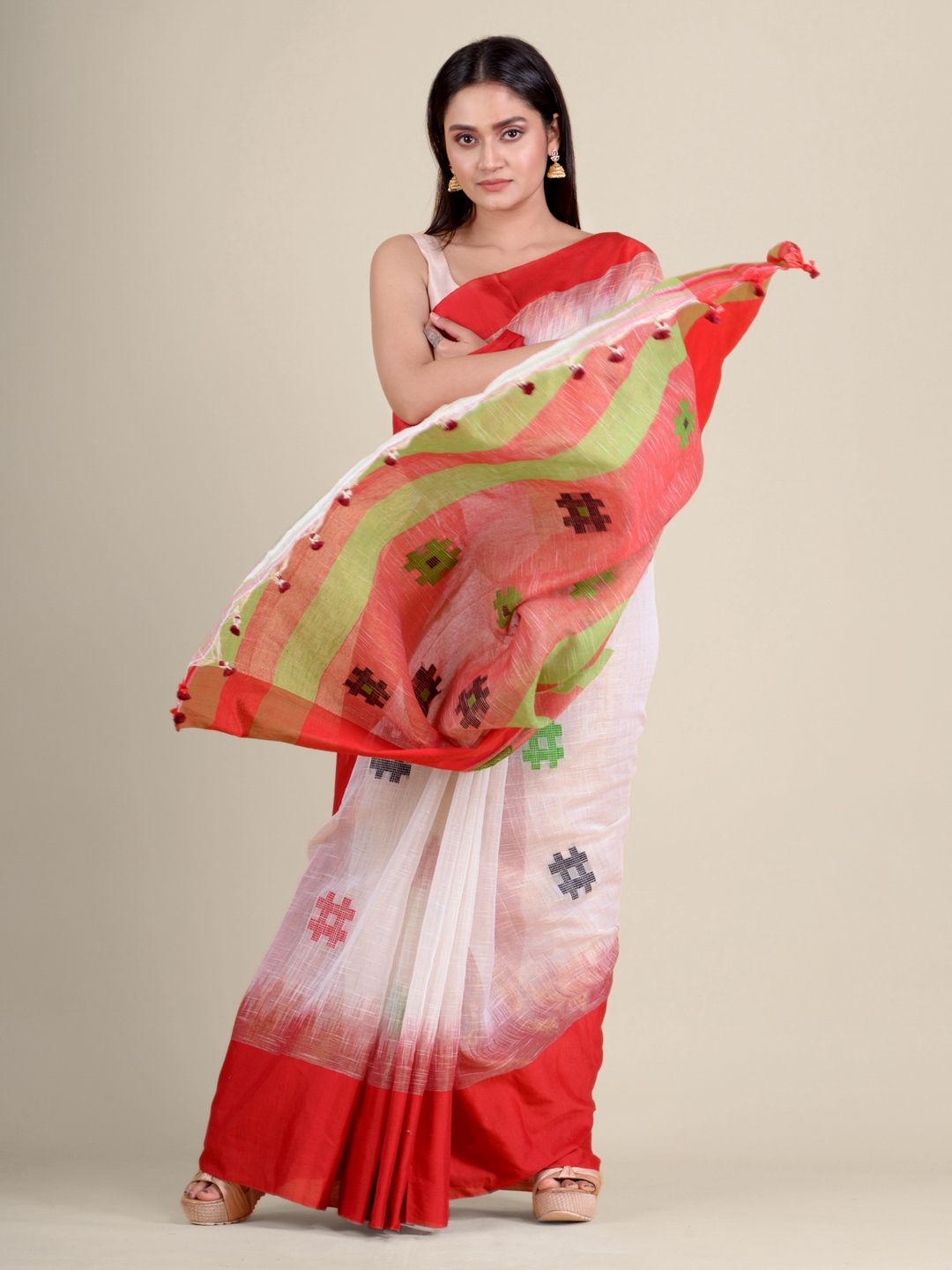 White handwoven soft cotton saree with Red border