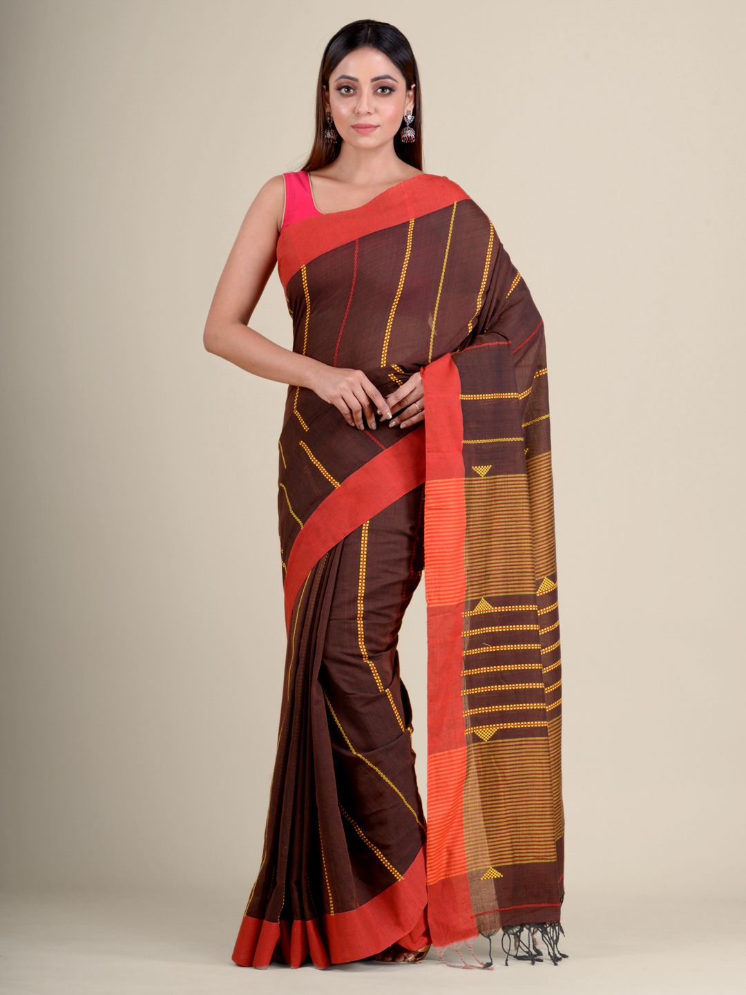 Chocolet Brown Soft Cotton Handwoven Saree with Red Border