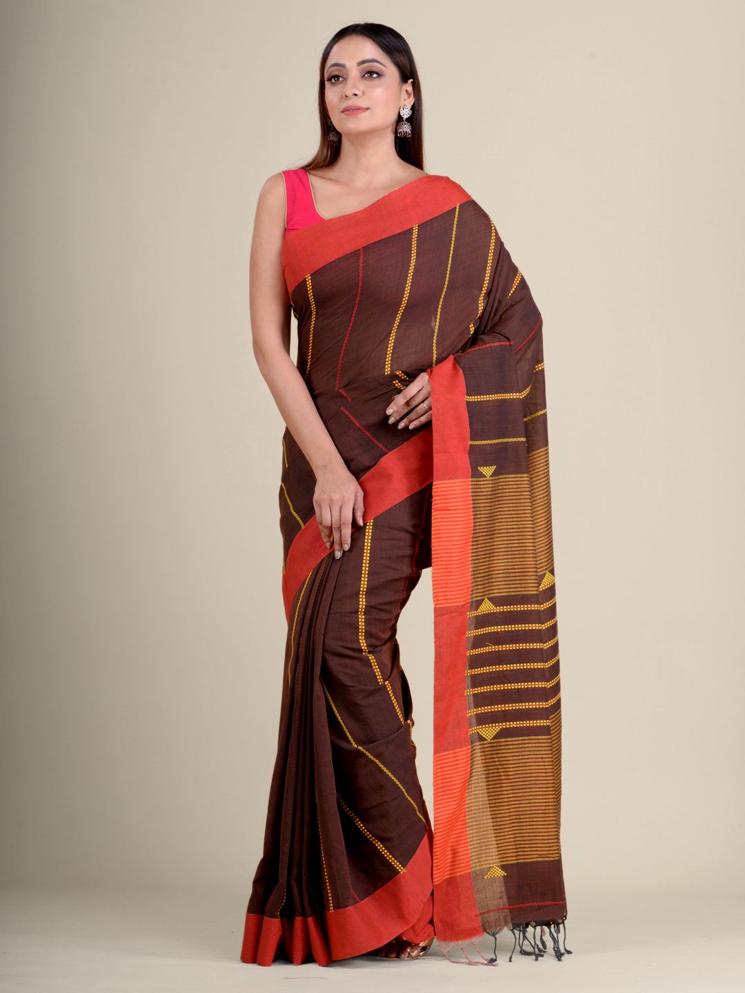 Chocolet Brown Soft Cotton Handwoven Saree with Red Border