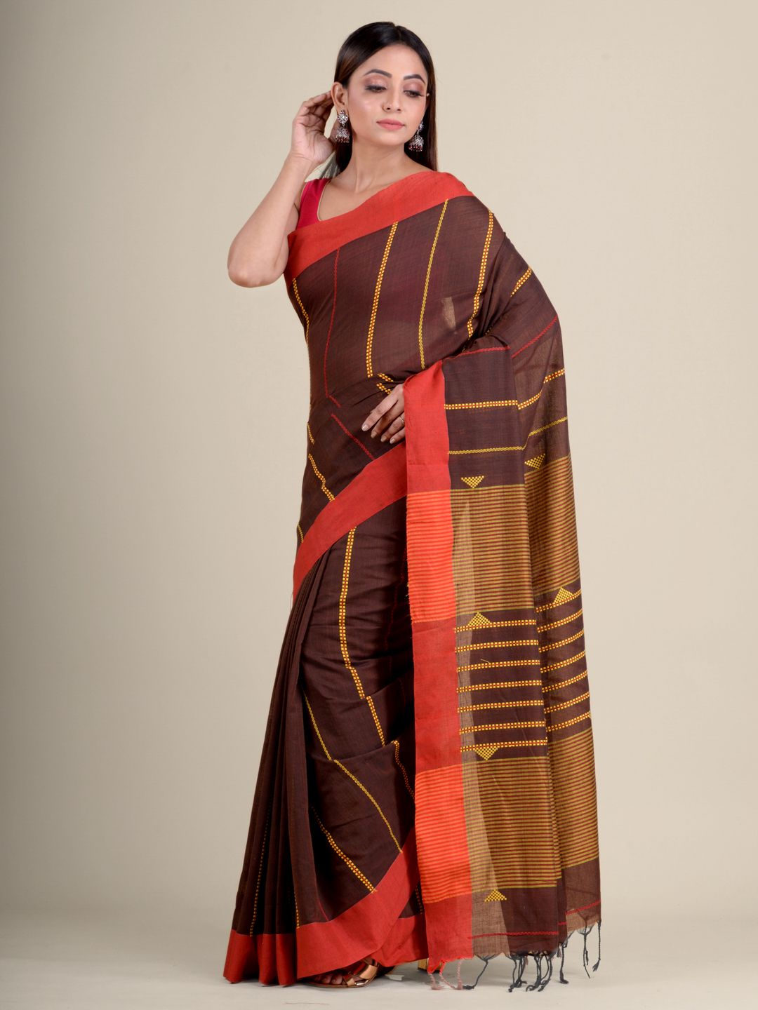 Chocolet Brown Soft Cotton Handwoven Saree with Red Border