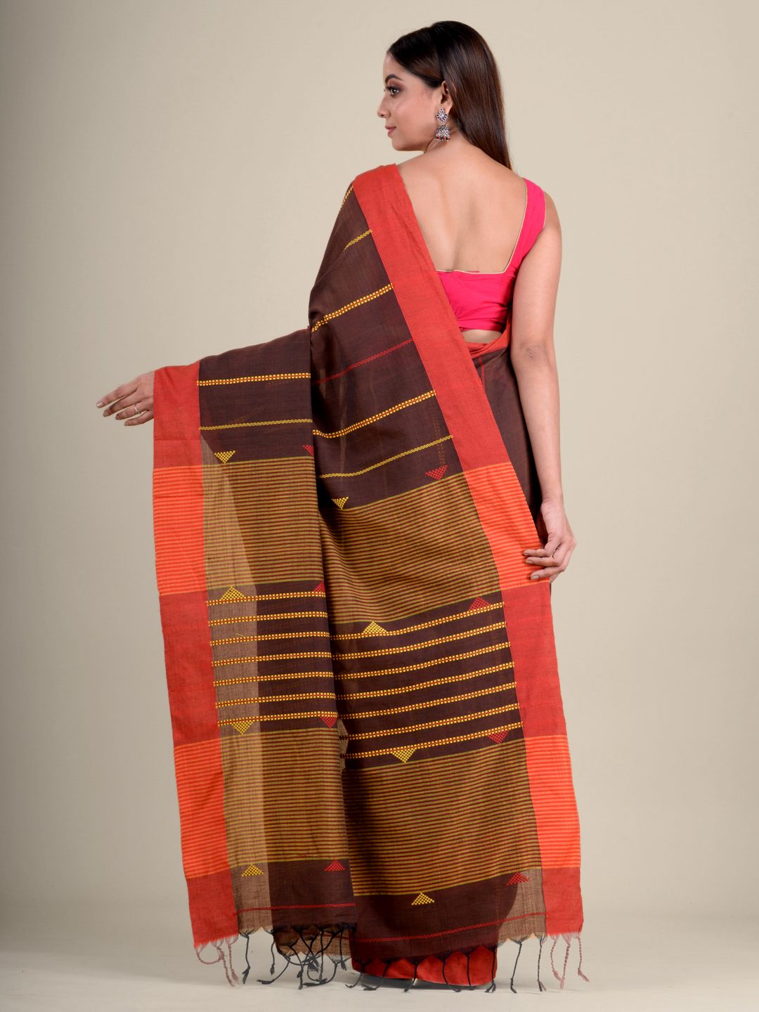 Chocolet Brown Soft Cotton Handwoven Saree with Red Border