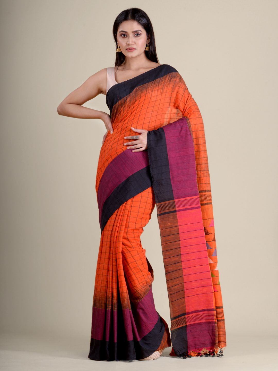Orange checks handwoven soft Cotton saree