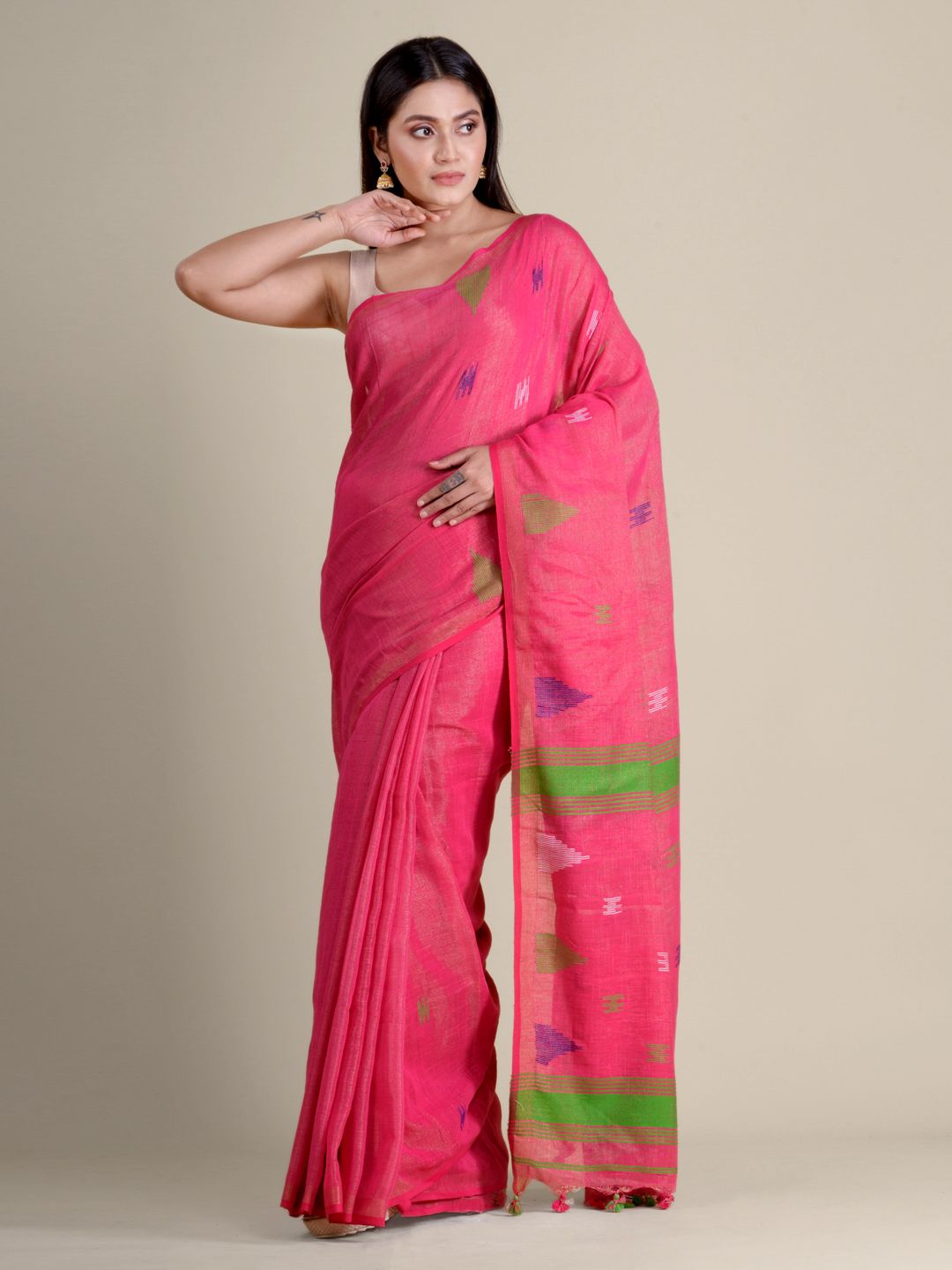 Pink soft Cotton handwoven saree with allover buti