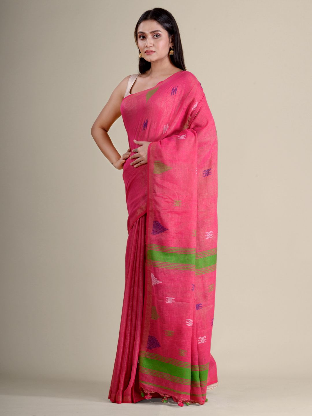Pink soft Cotton handwoven saree with allover buti