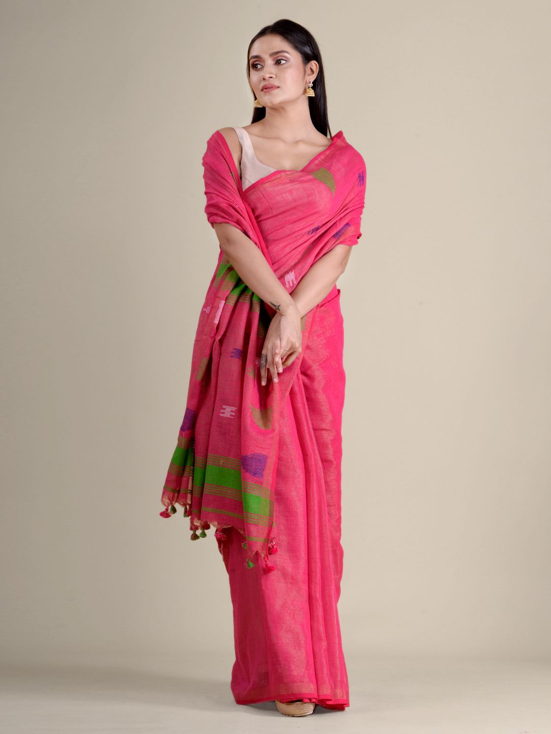 Pink soft Cotton handwoven saree with allover buti
