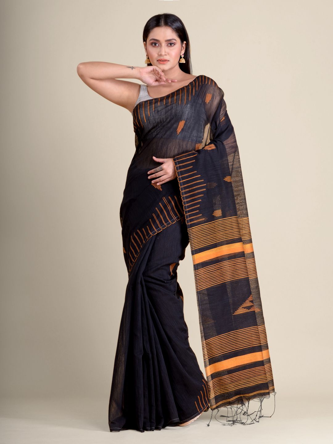 Black handwoven soft blended cotton saree