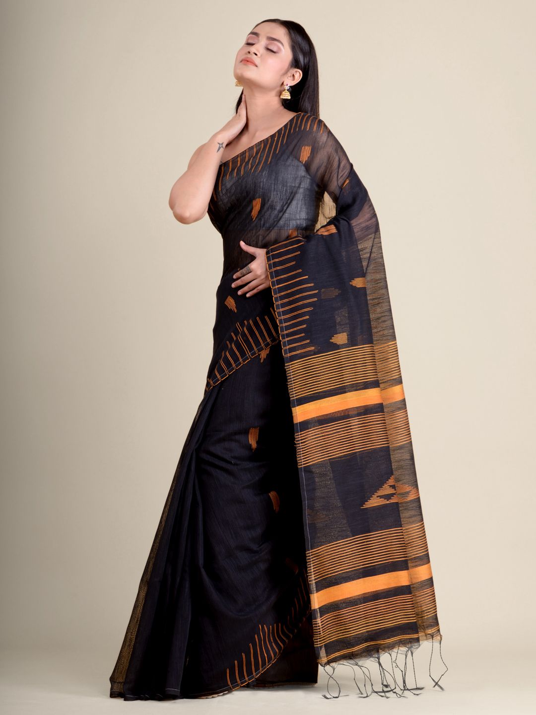 Black handwoven soft blended cotton saree