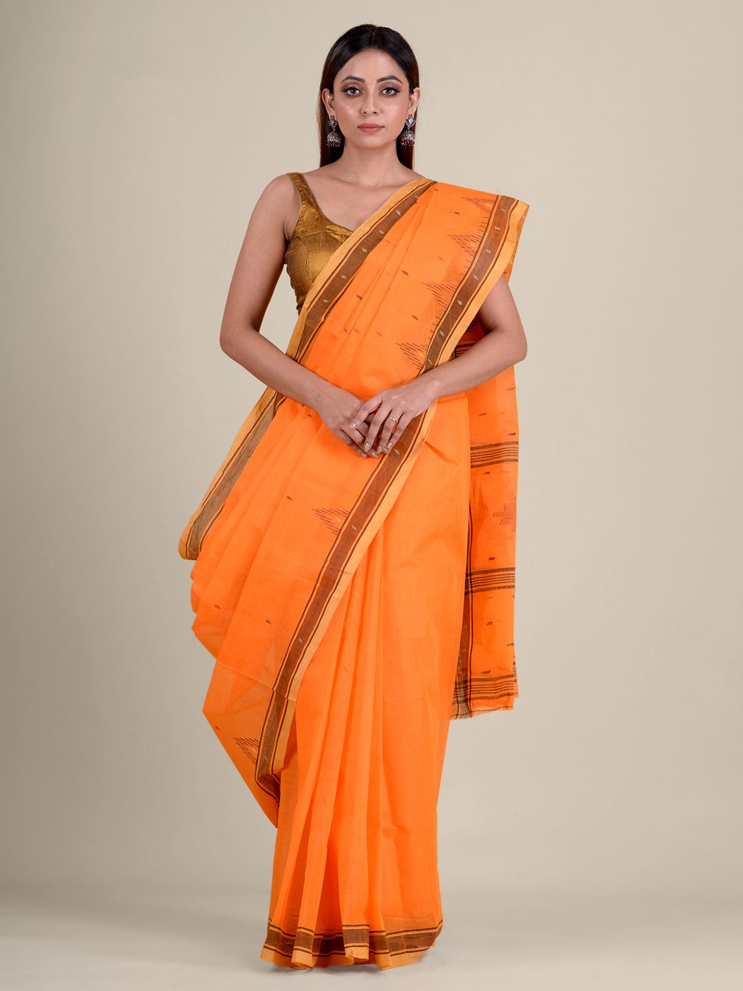 Orange handwoven cotton saree