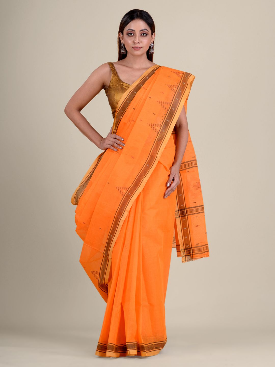Orange handwoven cotton saree