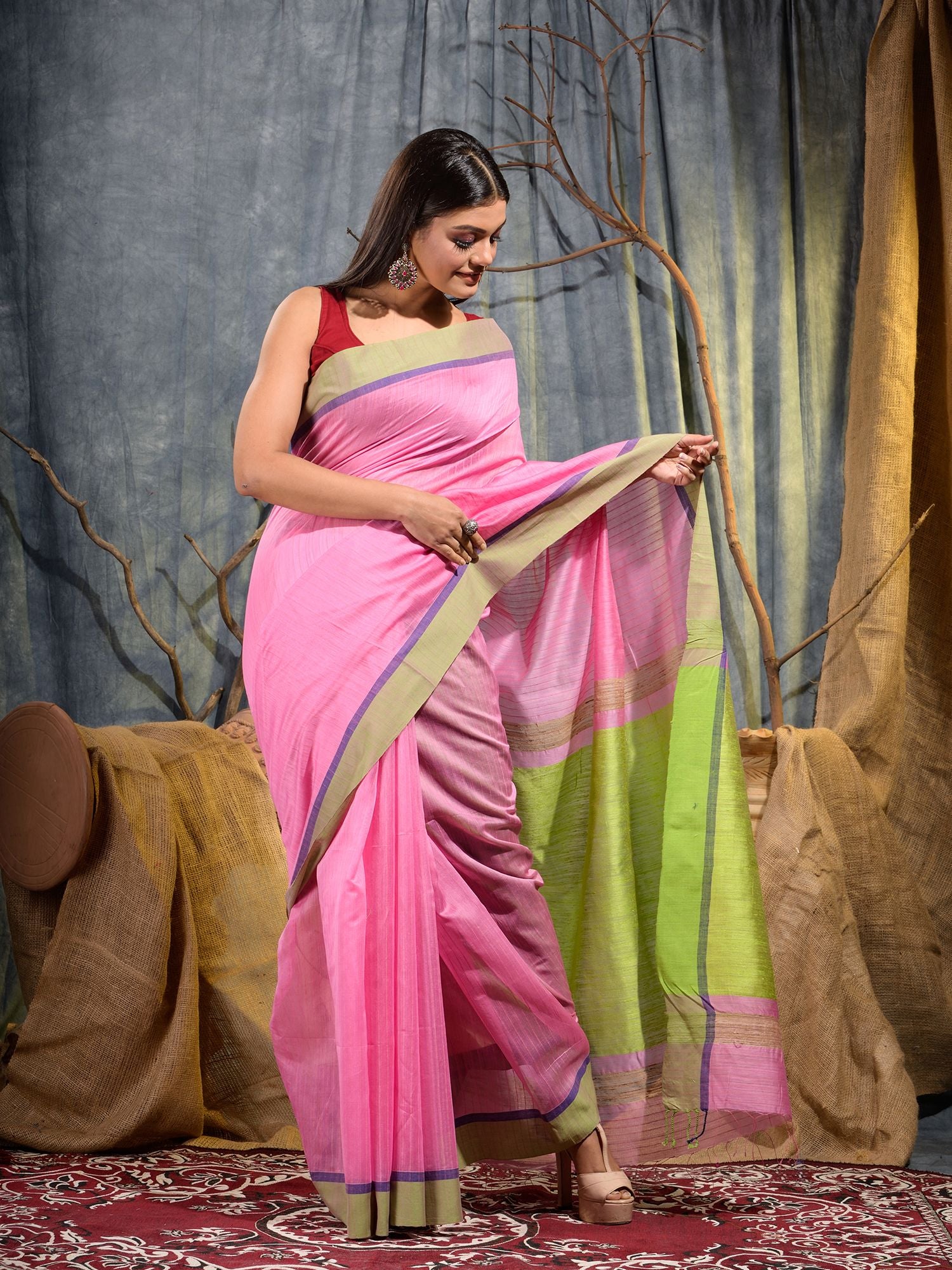 Pink Silk cotton handwoven saree with Green pallu
