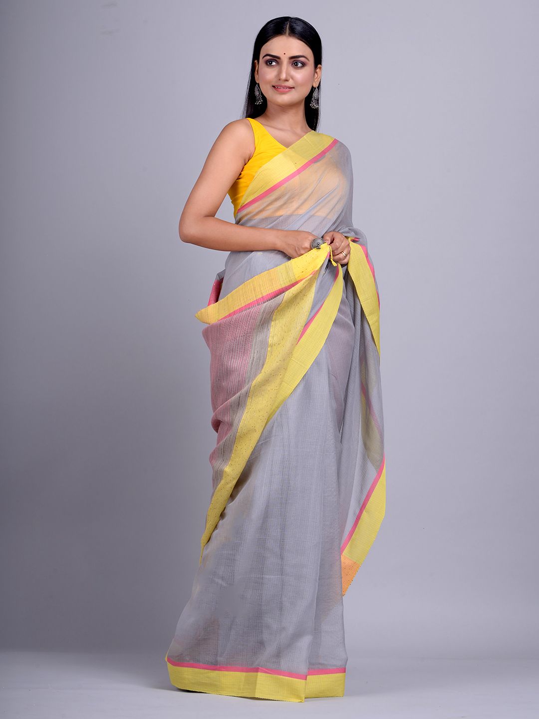 Grey Silk Cotton handwoven saree with gicha in pallu