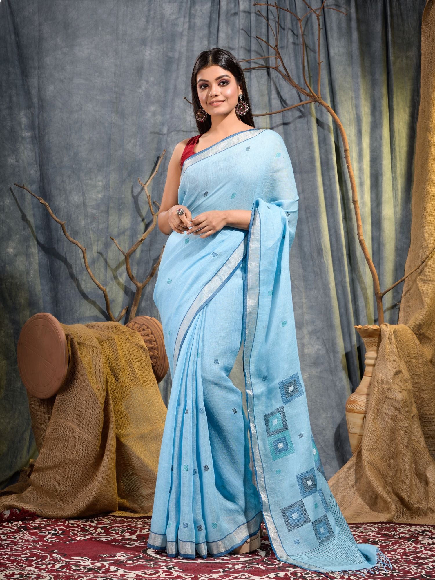Sky Blue Handwoven Pure Linen Saree