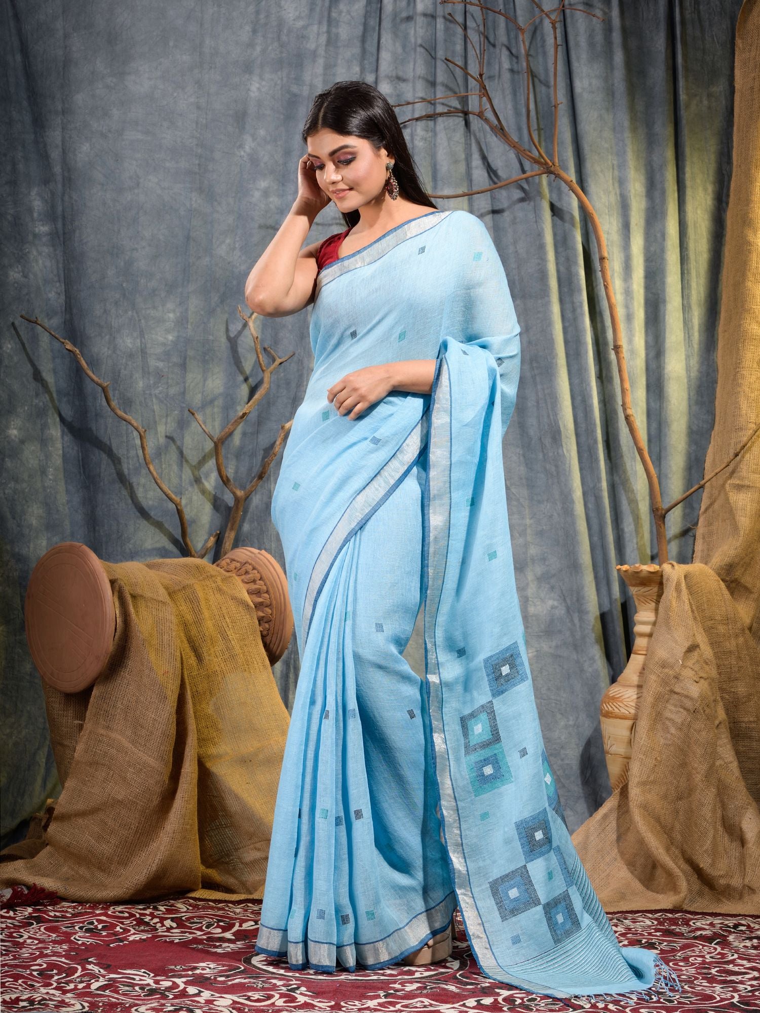Sky Blue Handwoven Pure Linen Saree