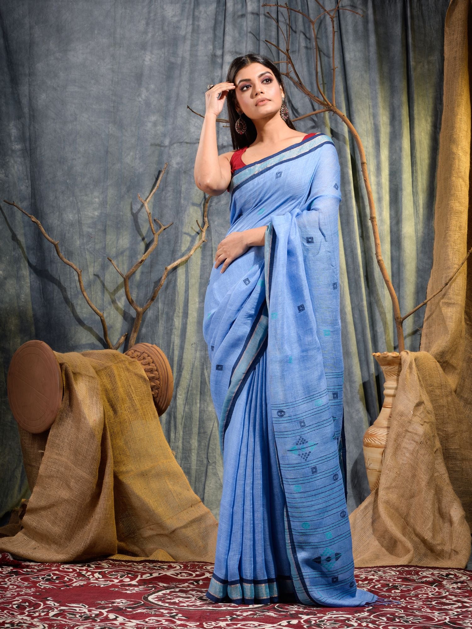 Blue Handwoven Pure Linen Saree