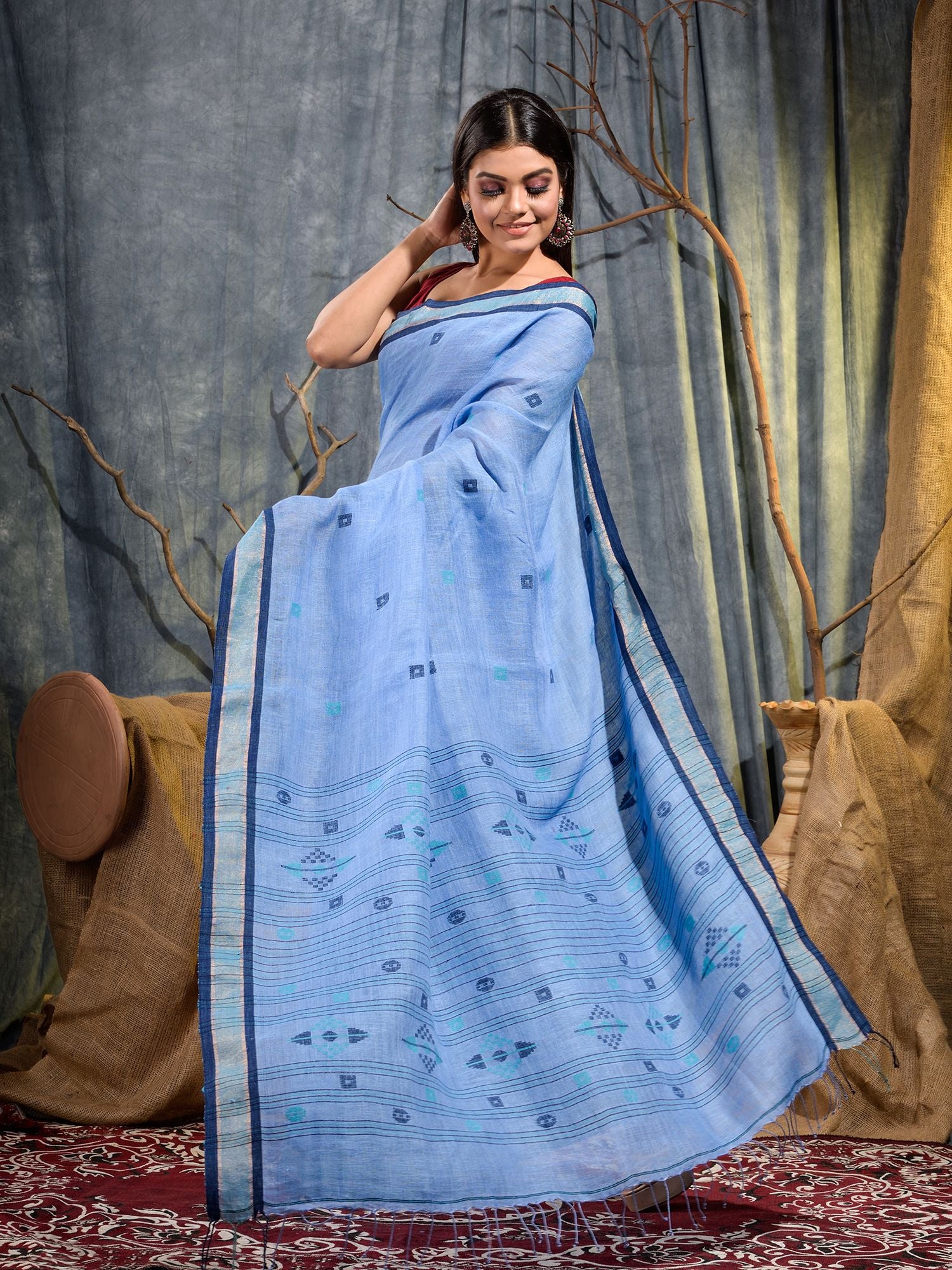 Blue Handwoven Pure Linen Saree