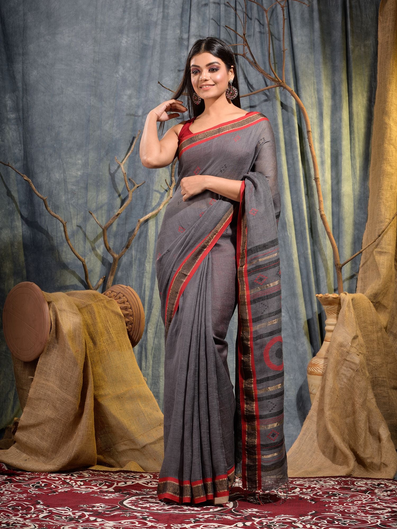 Grey Handwoven Pure Linen Saree