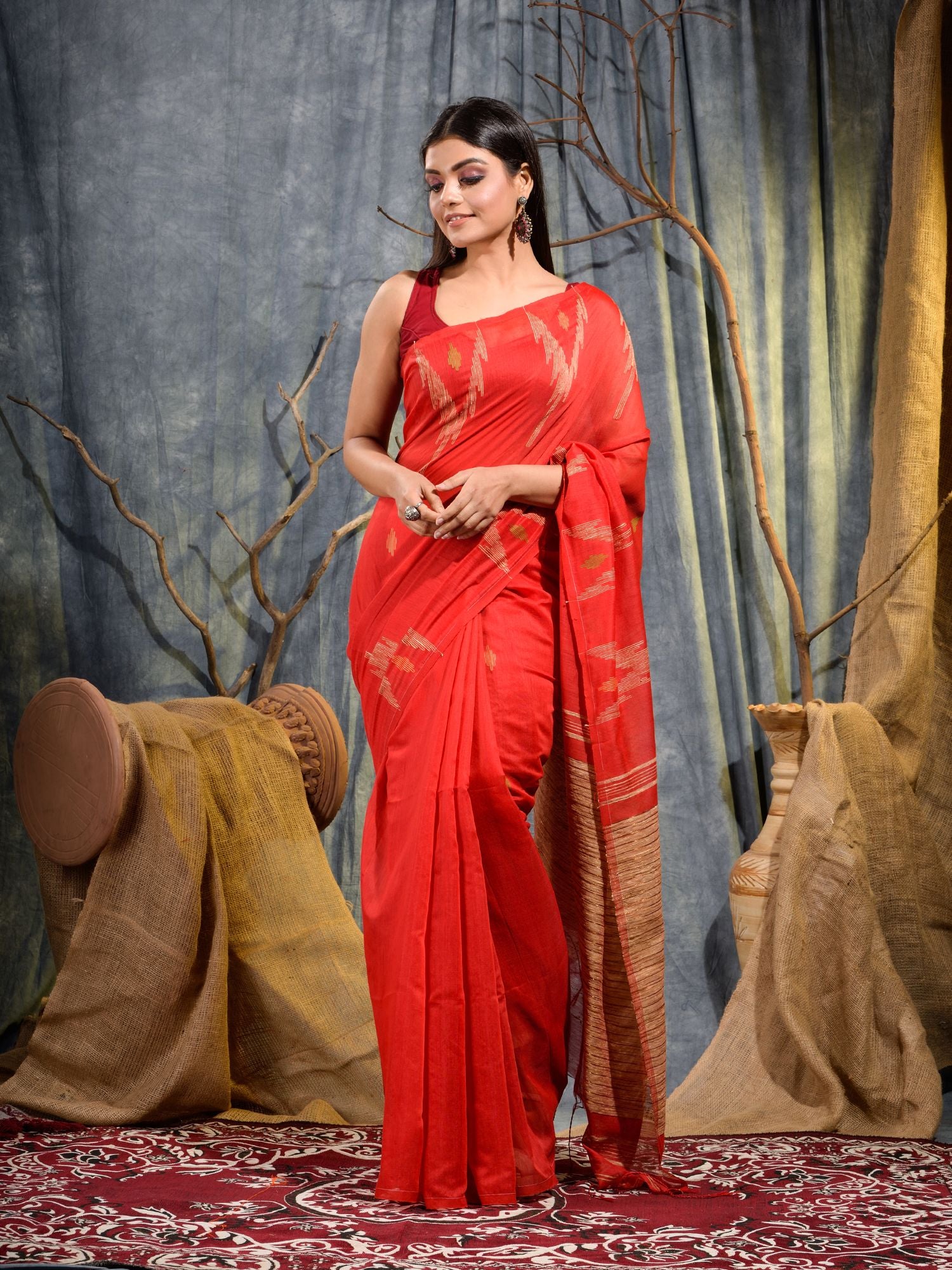 Orange Blended Cotton handwoven saree