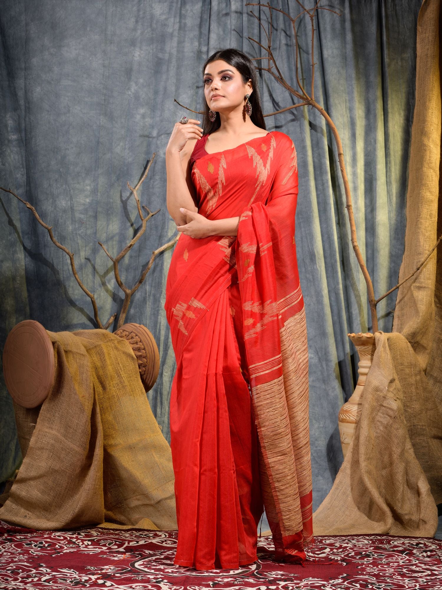Orange Blended Cotton handwoven saree
