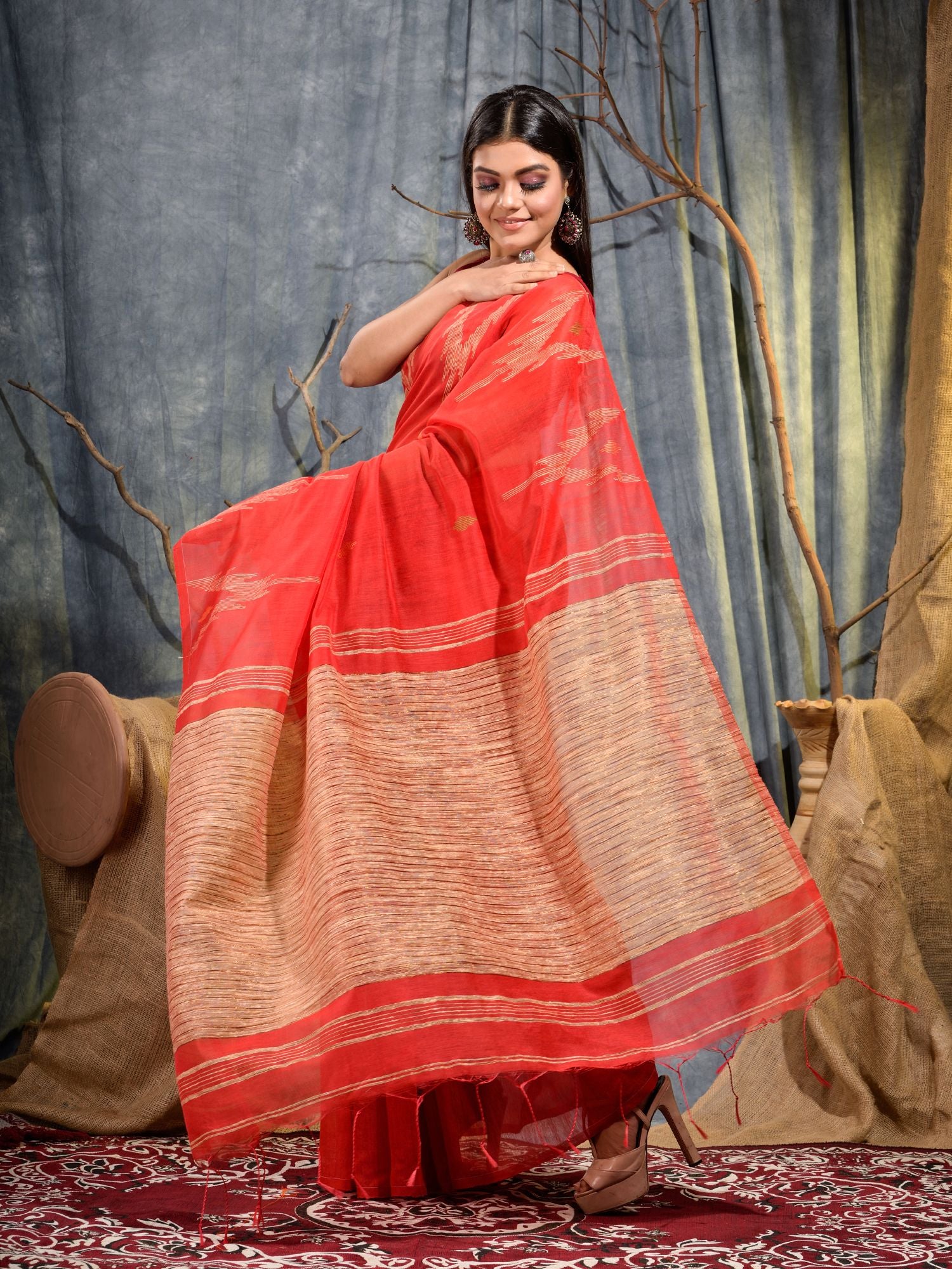 Orange Blended Cotton handwoven saree