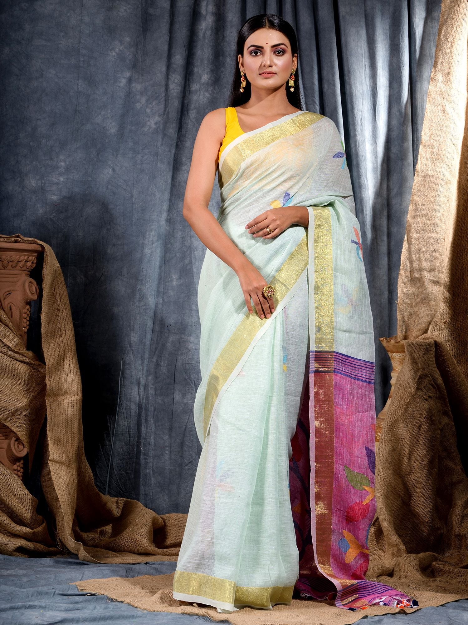 Sky Blue Handwoven Linen Saree