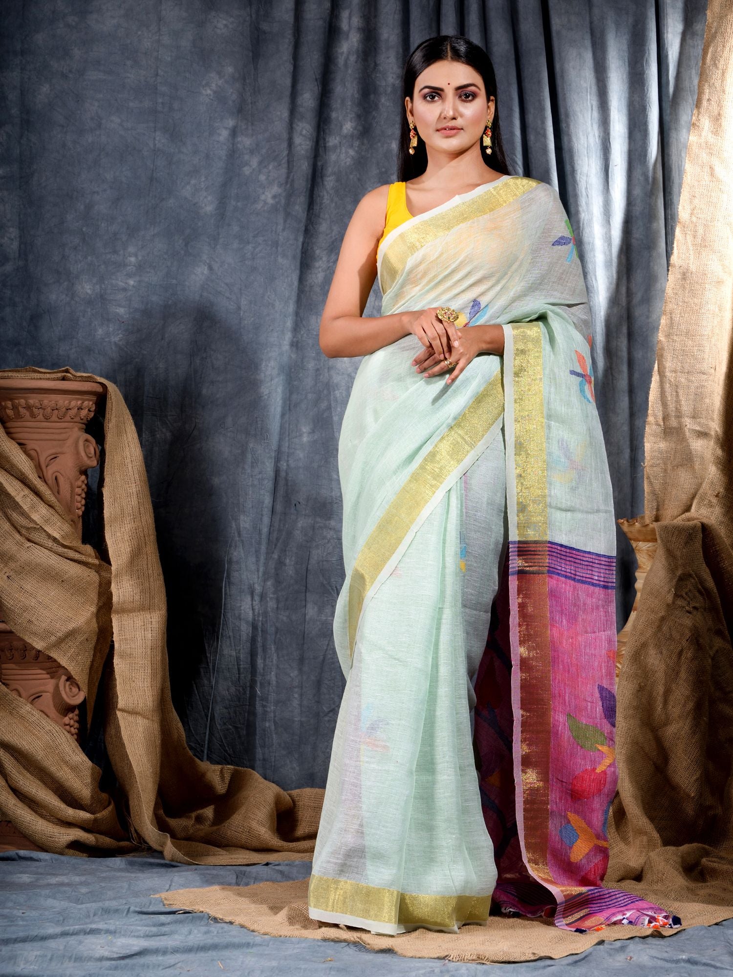 Sky Blue Handwoven Linen Saree