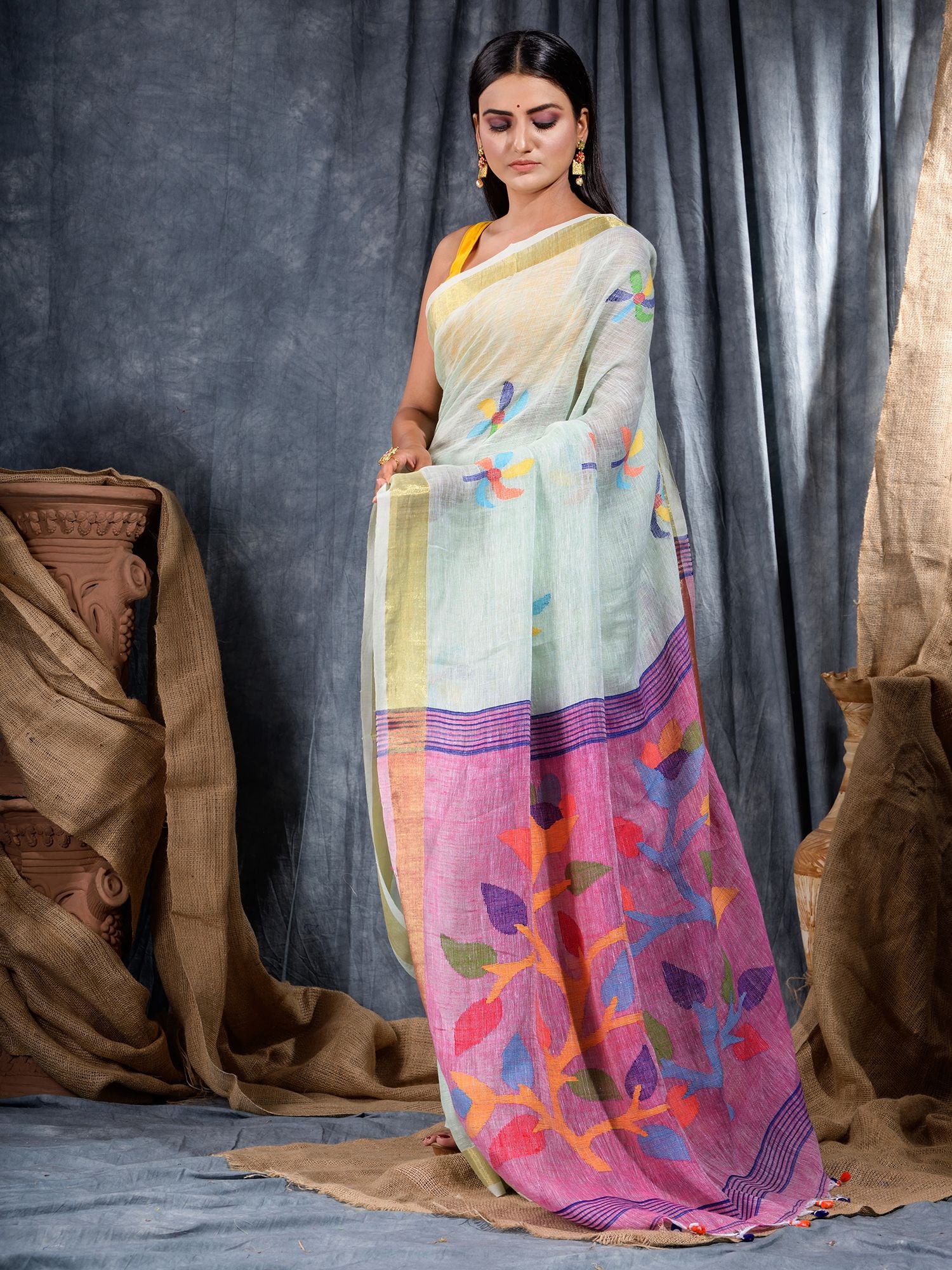 Sky Blue Handwoven Linen Saree