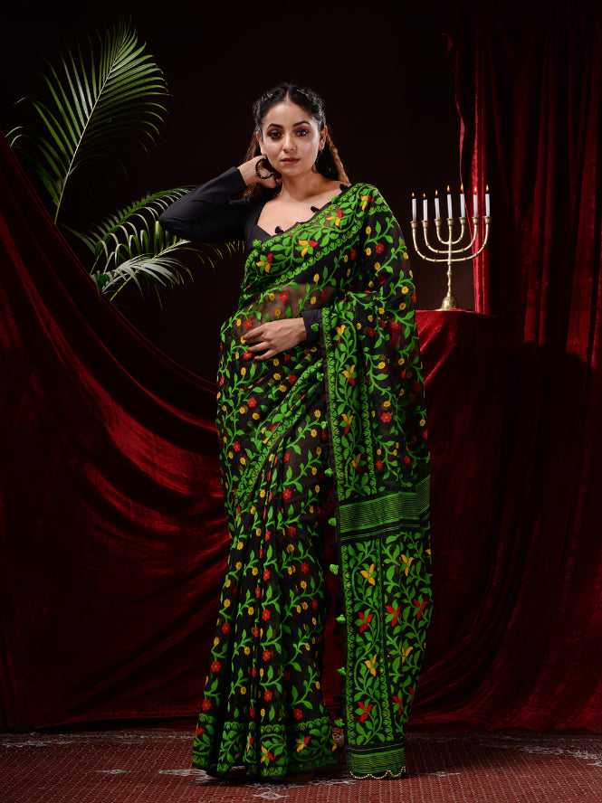 Black Hand woven heavy work Jamdani Saree