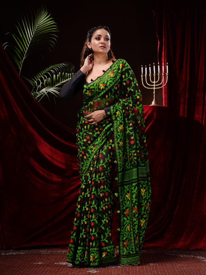 Black Hand woven heavy work Jamdani Saree