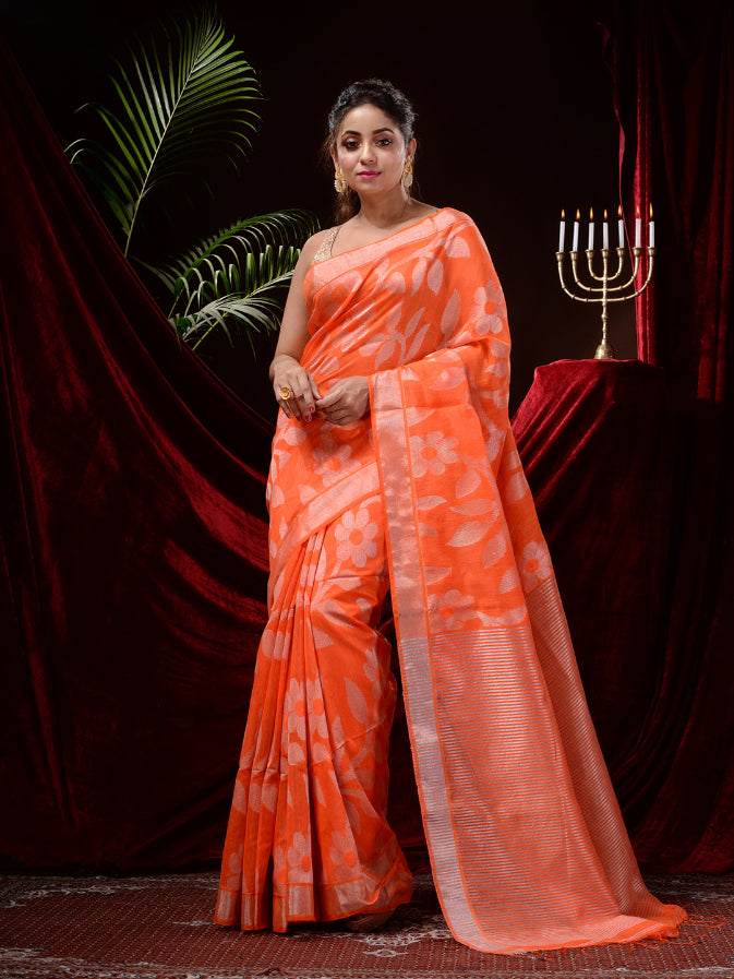 Orange Silk Cotton Jamdani work Handloom Saree