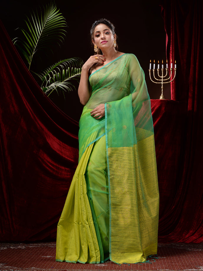 Yellow & Green Blended Matka Silk Saree