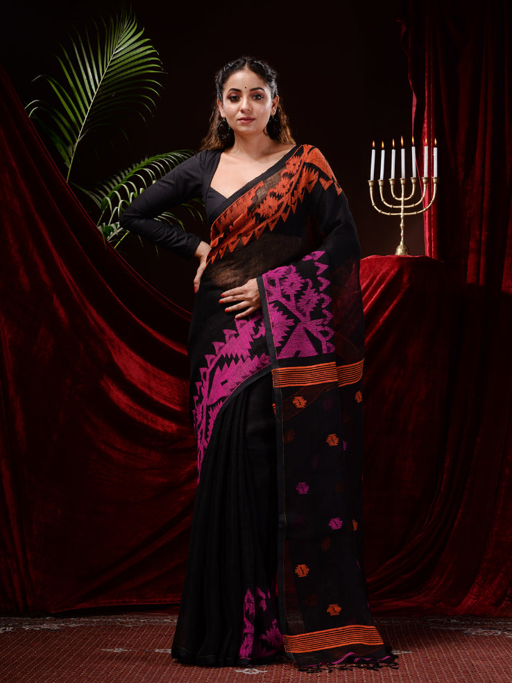 Black Hand Woven Jamdani Work Pure Linen Saree