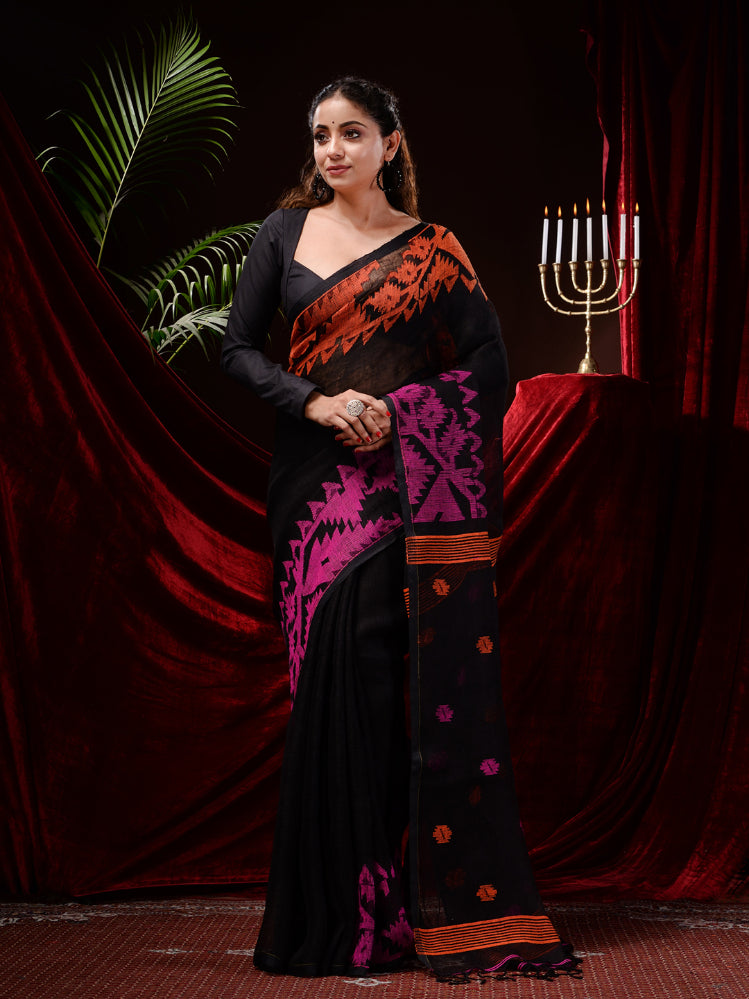 Black Hand Woven Jamdani Work Pure Linen Saree